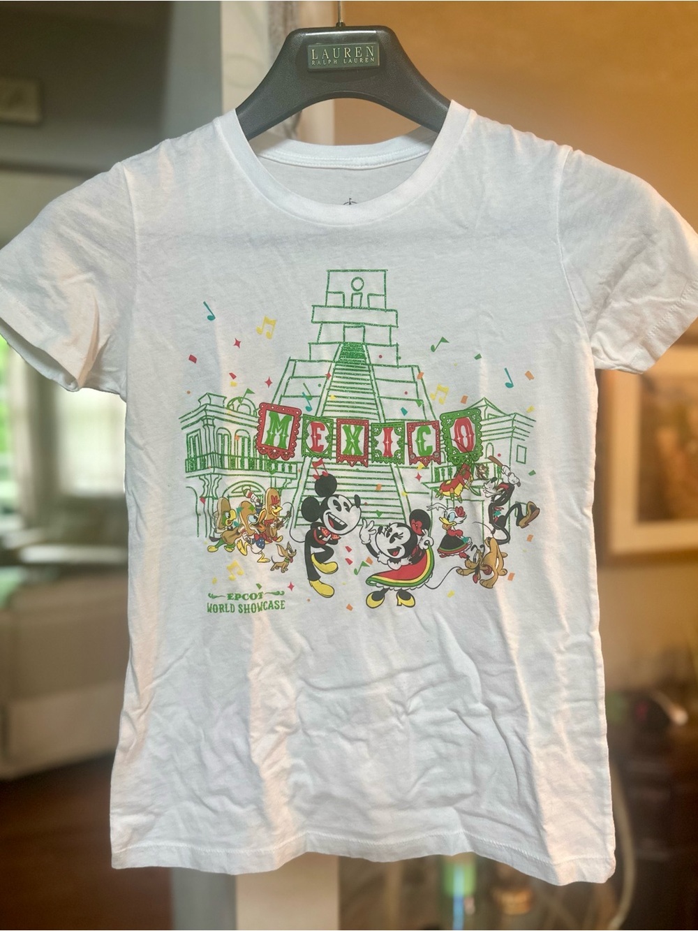 Disney White Crewneck Graphic Tee with Green Print
